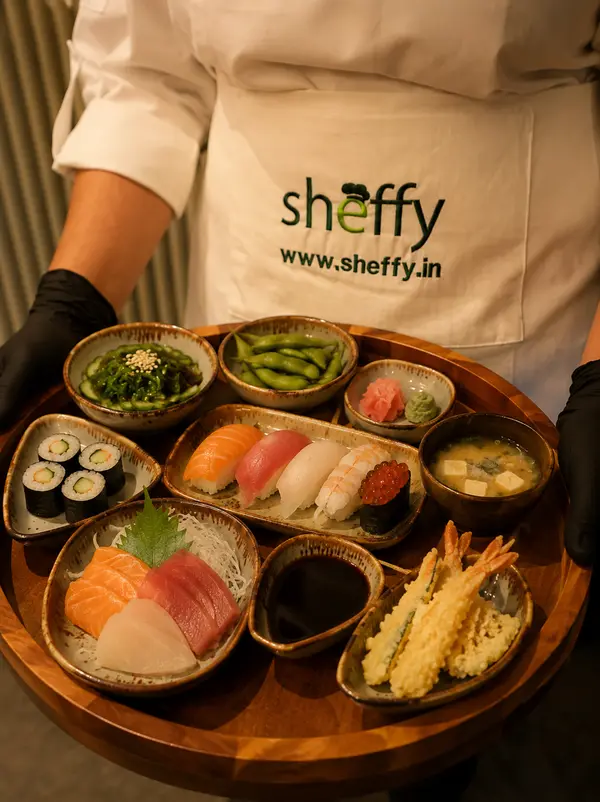 Sushi and sashimi on wooden serving board