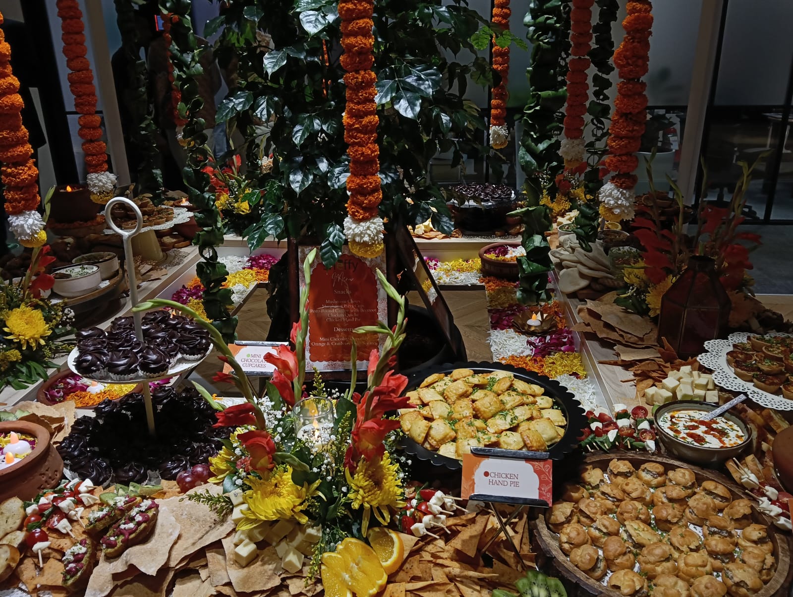 Marigold mandap with full feast spread