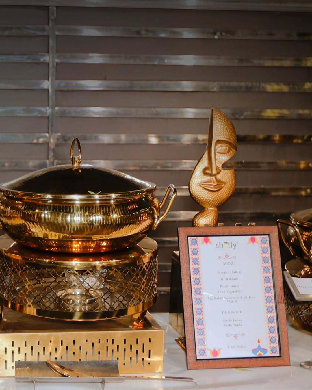 Gold chafing dish with Sheffy menu card